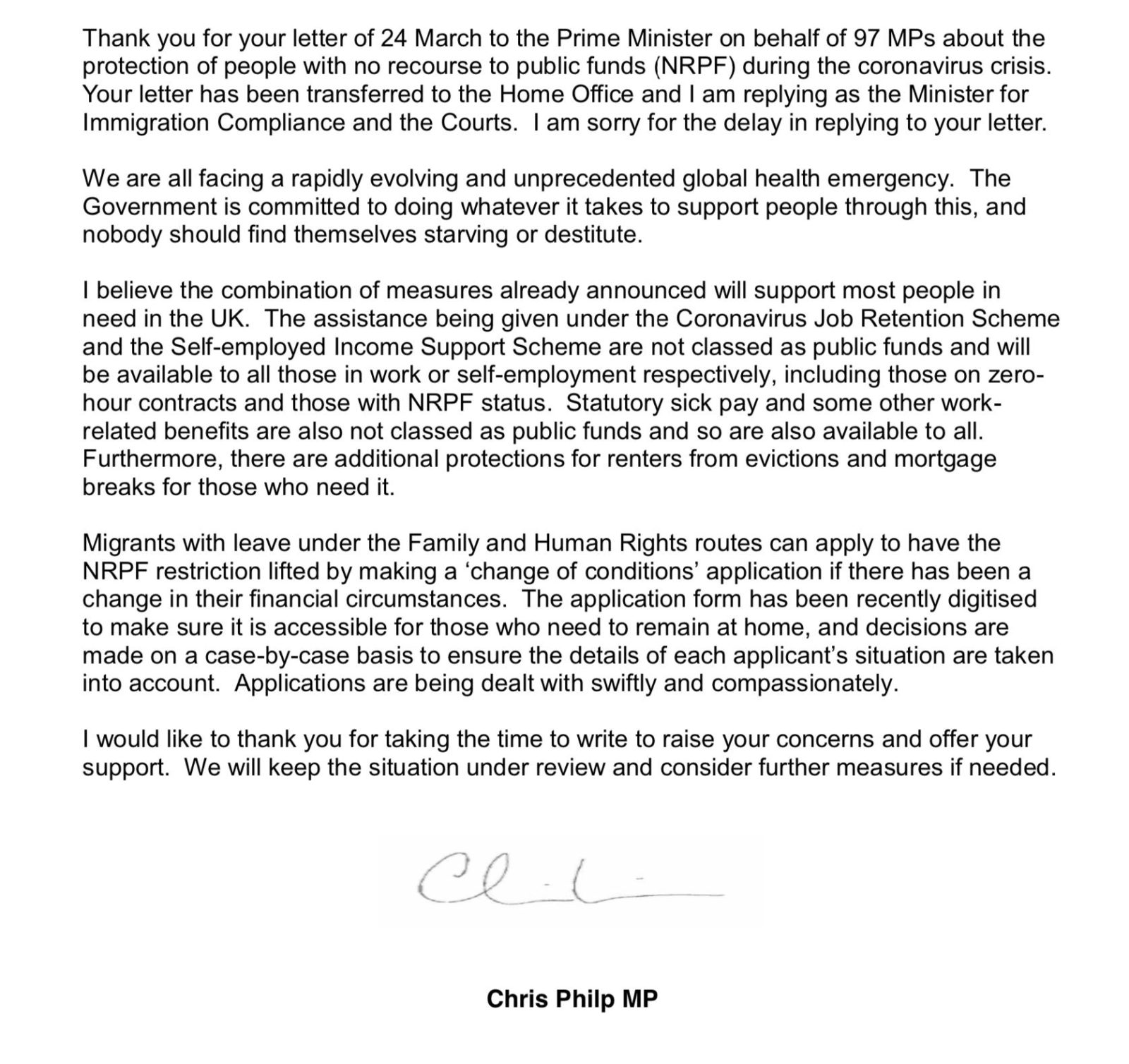 Reply letter from Chris Philip, Home Office and Justice Minister