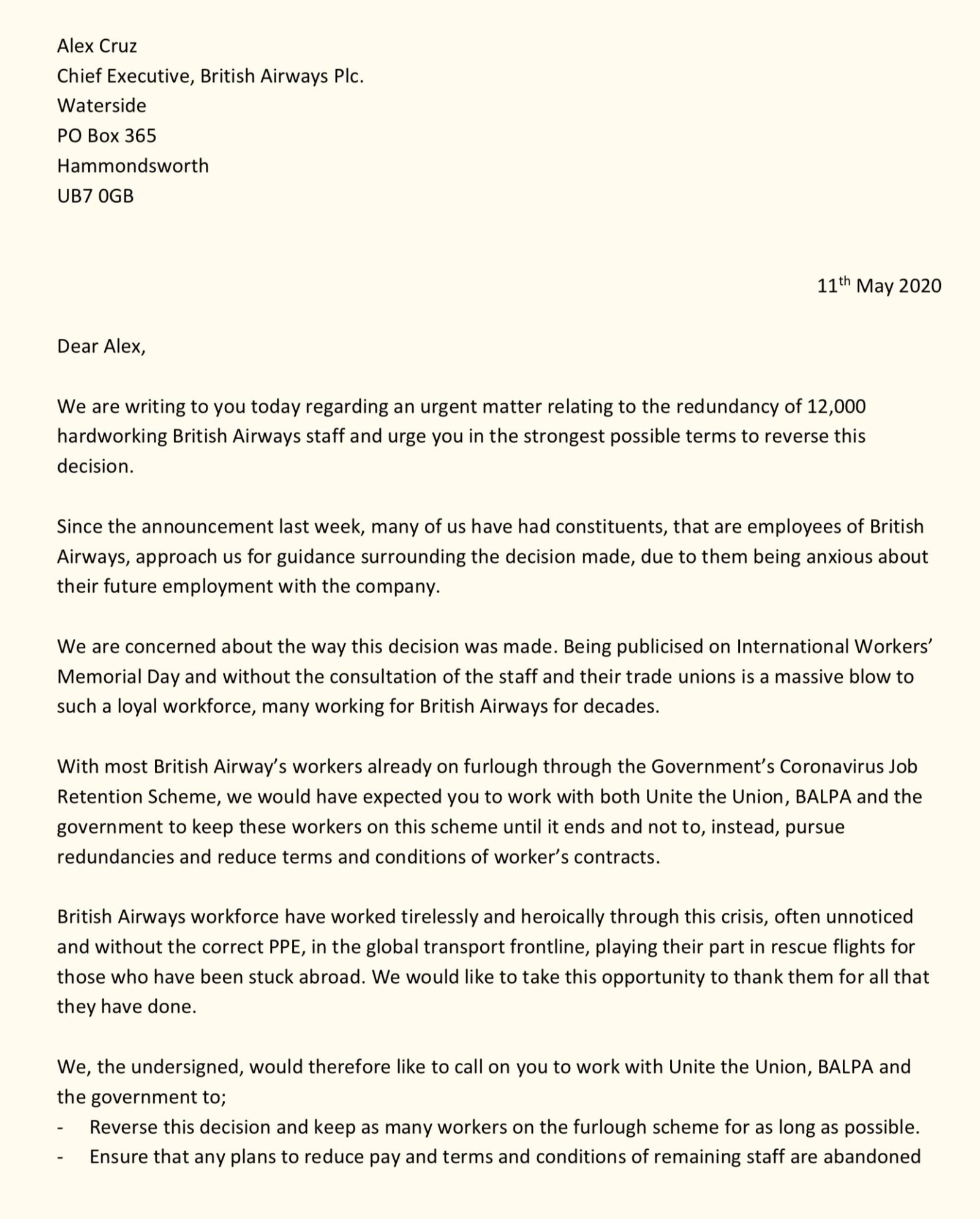 Letter to BA signed by 37 MPs