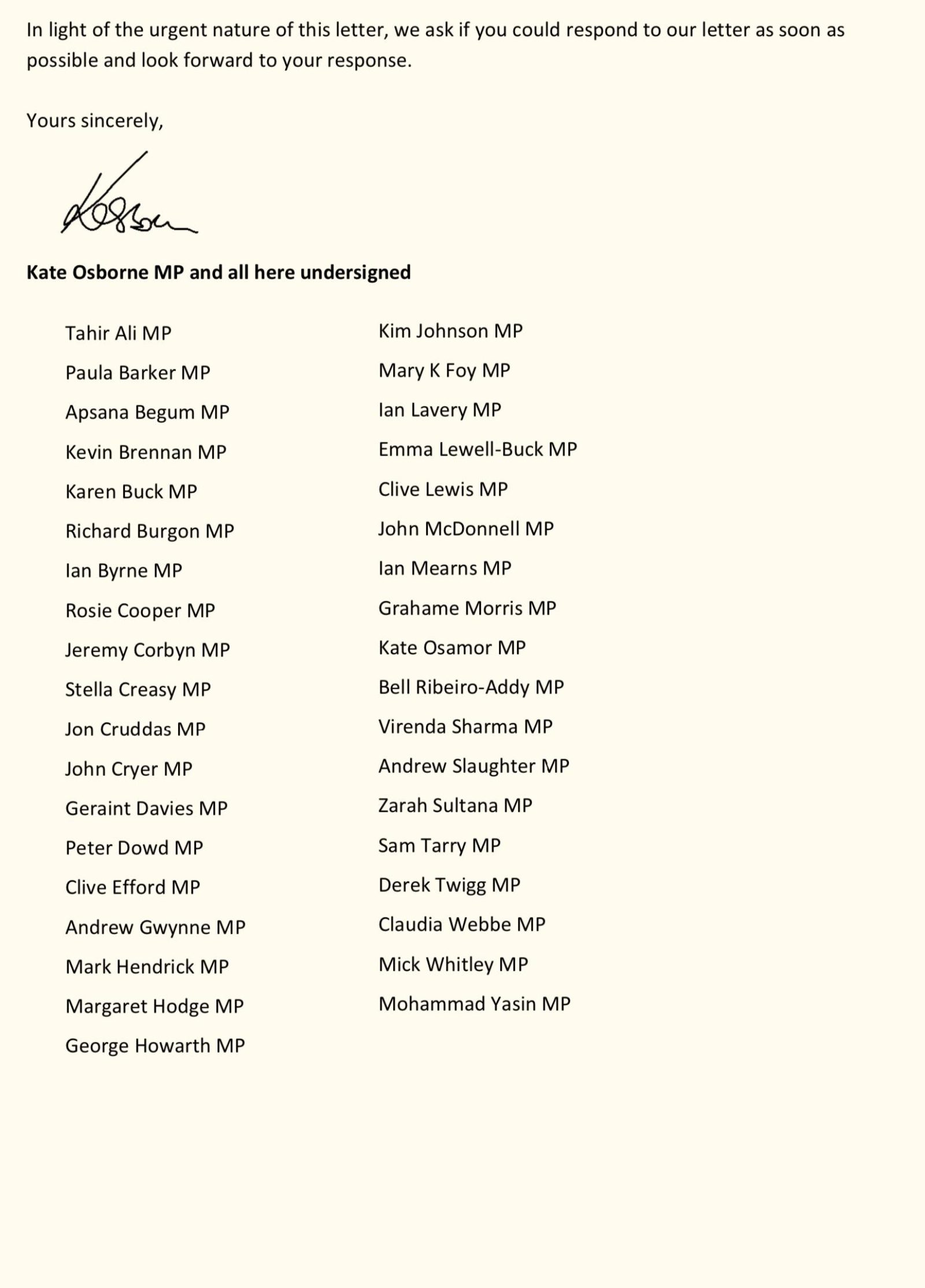 Letter to BA signed by 37 MPs