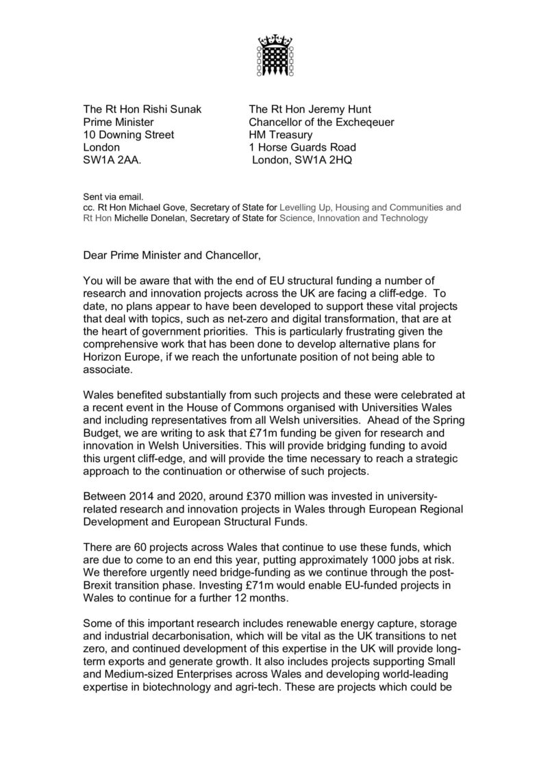 Letter to Chancellor on Welsh University bridging funding